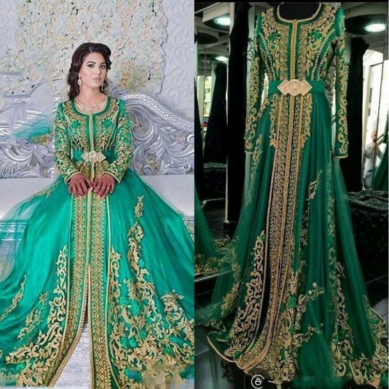 Elegantes vestidos de noche formales musulmanes de color verde esmeralda de manga larga Abaya Dubai