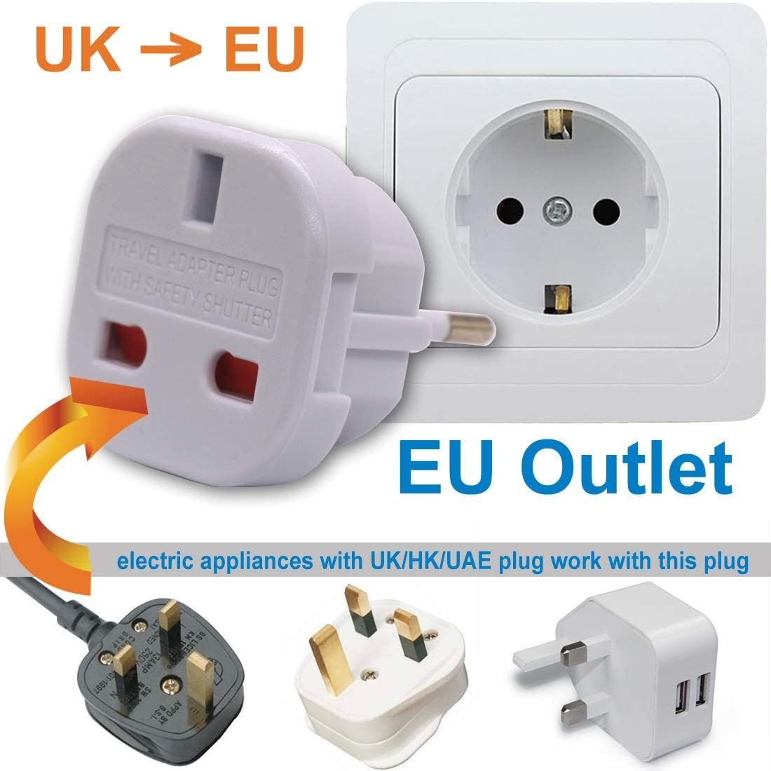 Travel Adaptor For UAE/UK Convert To EU Type C Socket NOT E/F Plug With