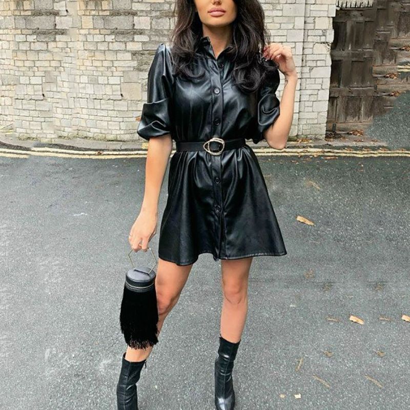 black leather shirt dress