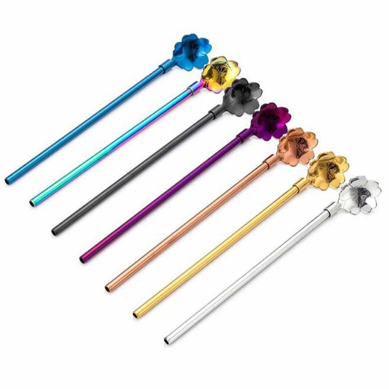 Flower Straw Spoon Portable Gold Tea Scoop Reusable Colored Stainless