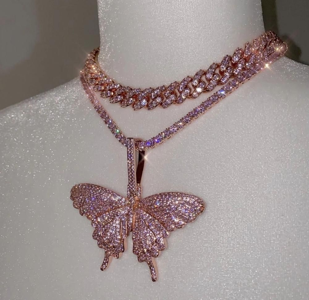 Compre Collar De Mariposa De Color Rosa Para Las Mujeres De La Joyería De  Moda Rosa Chica Con La Cadena De Tenis De Miami Rosa Collares De Cadena De  Enlace Cubano A