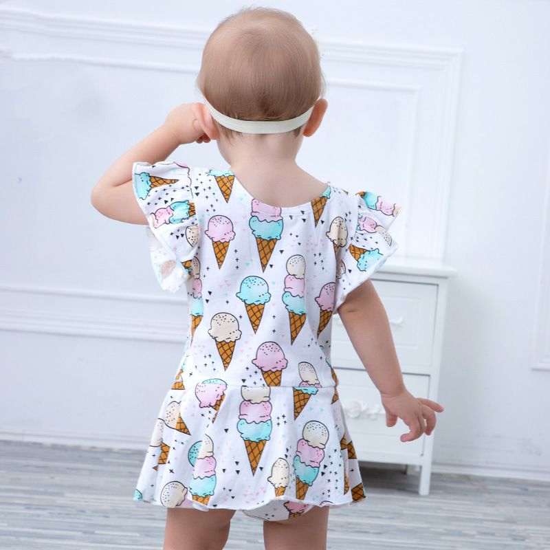 Newborn Baby Girls Bodysuit Short-Sleeve Onesie Ice Cream Print Outfit Spring Pajamas