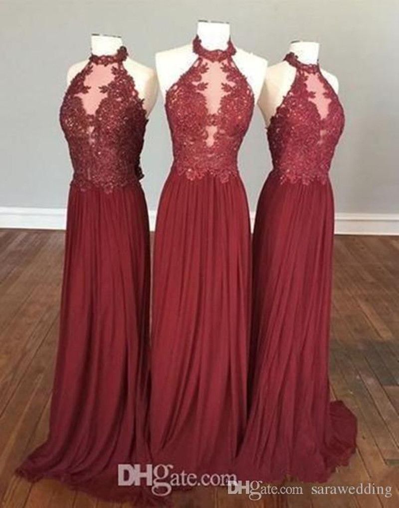 burgundy high neck bridesmaid dresses