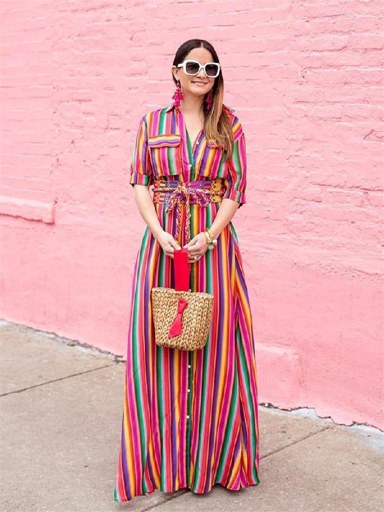 bohemia striped shirt maxi dress
