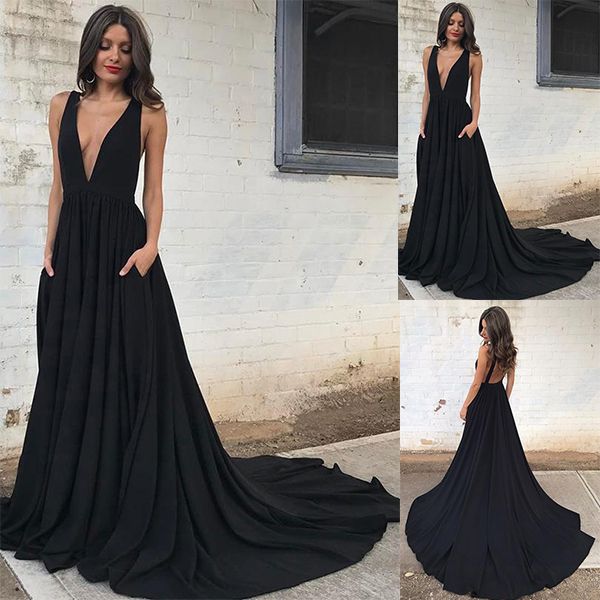 Compra 2019 Vestidos De Noche Negros Cuello En V Profundo Con Bolsillos Sin  Espalda Barrido Del Tren Pliegues Vestidos Elegantes Para Ocasiones De  Fiesta Para Fiesta De Graduación Barato | Entrega Rápida