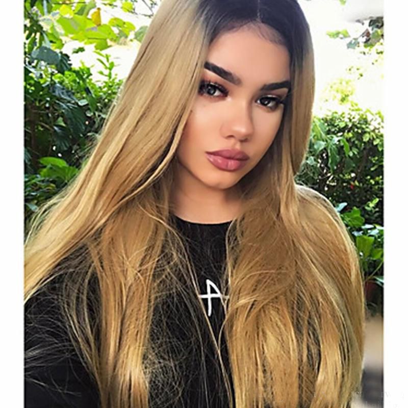 Hot Sexy Middle Parting Long Straight Wig Ombre Blonde Hair For