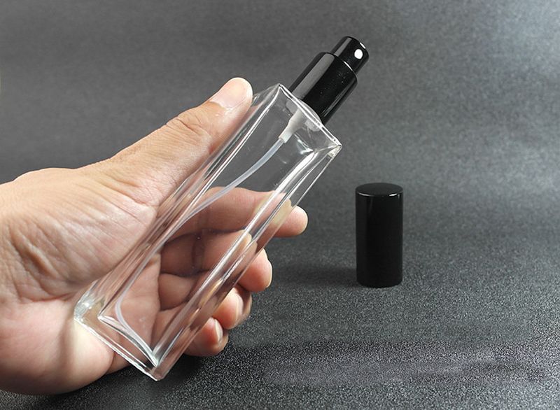 1pcs Squared Transparent Glass Empty Perfume Bottle Fine Mist Spray Container Cologne with Spray Applicator and Black Lid Size 50ml/1.7oz