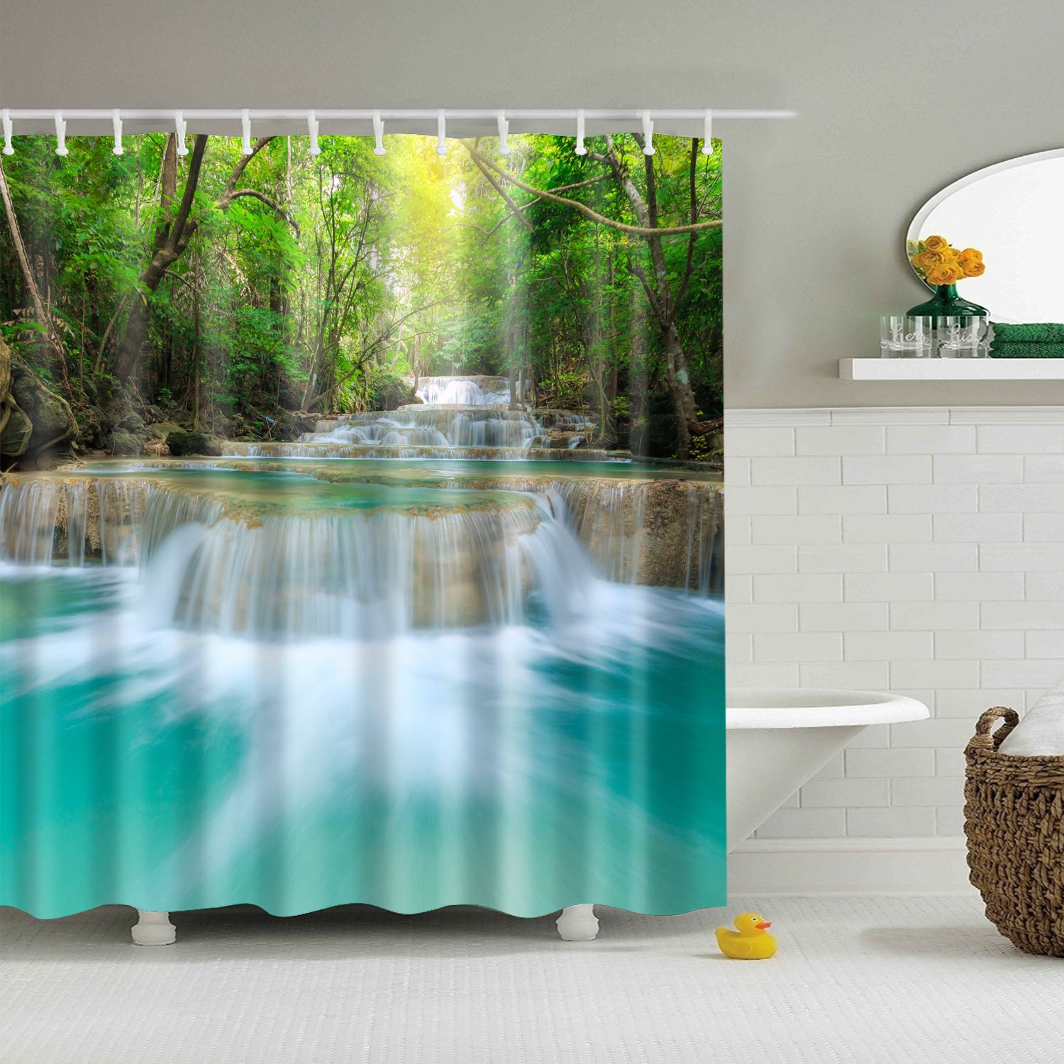 3D Fabric Bathroom Shower Curtain Waterfall Nature Scenery Waterproof 12 Hooks