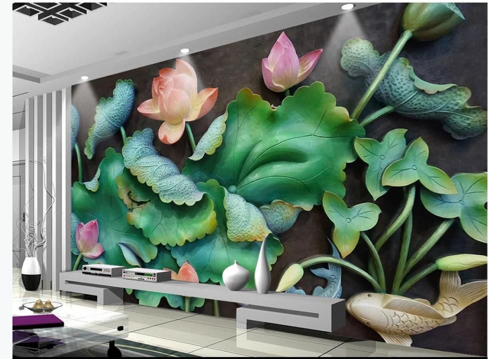 3d customized wallpaper 3D lotus relief background wall lotus background  wall decoration painting