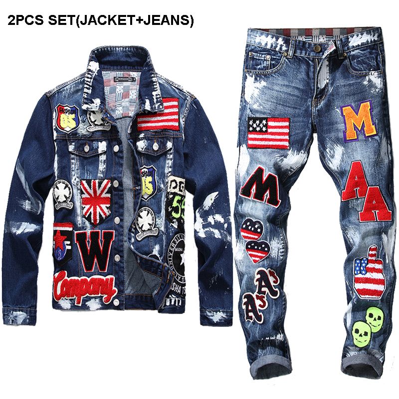 2021 Mens Jeans Suit Washed Embroidery Patch Design Jacket Jeans Sets