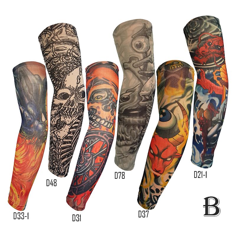 Acheter Nylon élastique Tattoo Manches Faux Temporaire Conception De Crâne De Dragon Minotaure Motif Bras Jambes Tatouage Vêtements Pour Sunscreen
