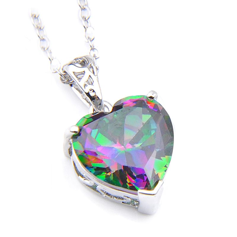 Luckyshien 6Pcs/Lot Classic Jewelry Fire Mystic Topaz Gems Silves Rainbow Heart Pendants For Women Cz Zircon Necklaces Pendants With Chain