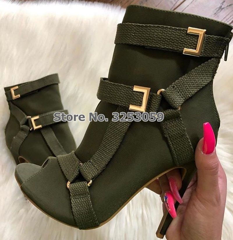 green heeled ankle boots