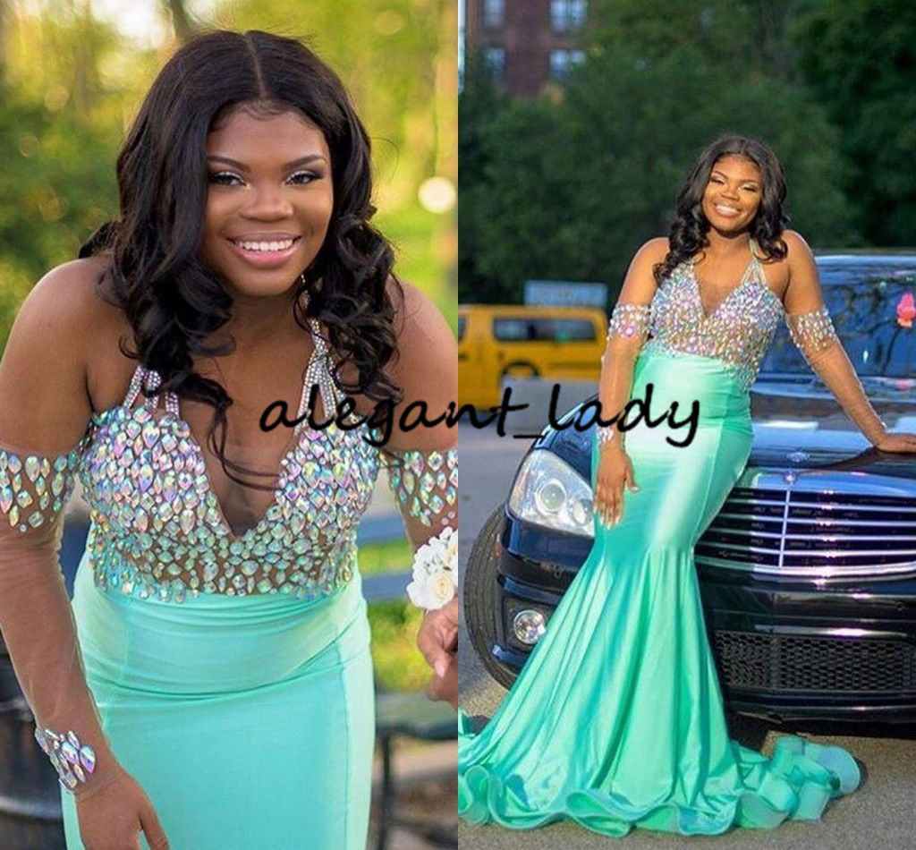 Mint Green Crystal Halter Mermaid Evening Dresses With Long Sleeve 19 Sexy V Neck Trumpet Beaded Girls Occasion Formal Prom Party Gowns From Alegant Lady 129 66 Dhgate Com