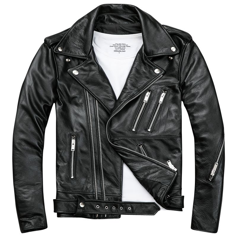2021 Mens Black Biker Leather Jackets Coats Double Diagonal Zipper
