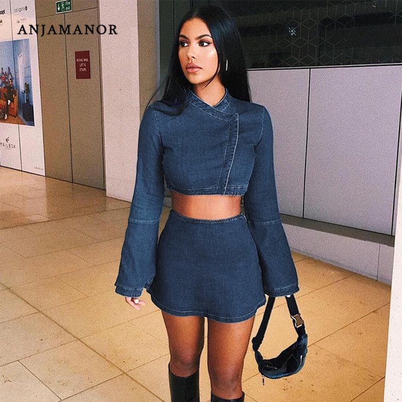 Blue Denim Sexy Two Piece Skirt Set 