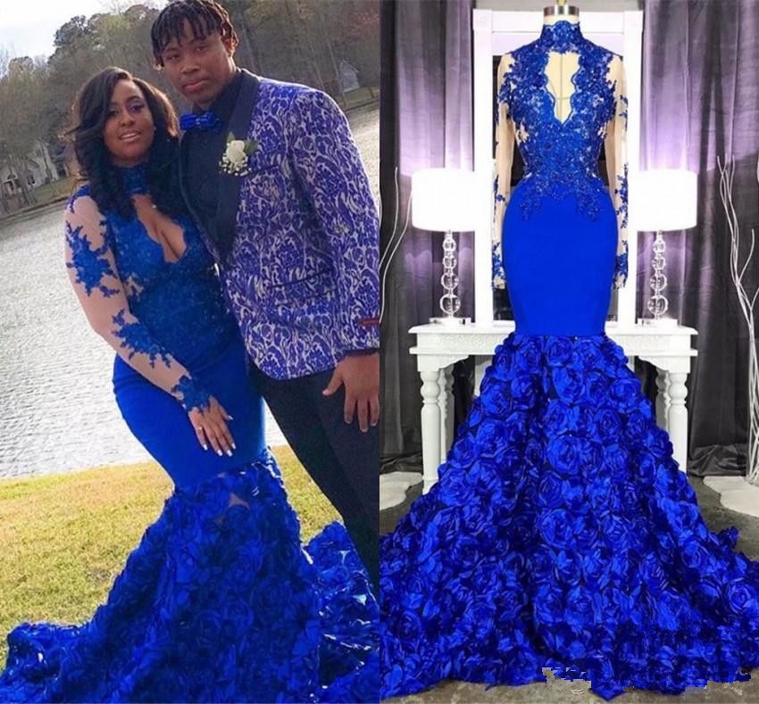 Stunning 3d Rose Flower Royal Blue Prom Dresses 2019 High Neck