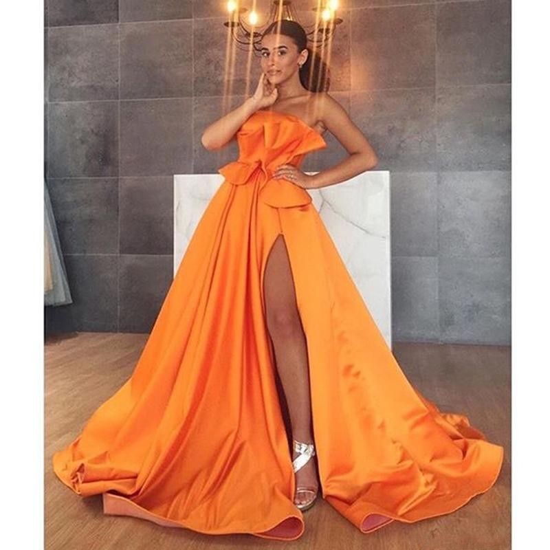 2020 Veste Con Elegante Arancione Prom Pieghe Fessura Del Lato Senza  Spalline In Raso Partito Di Sera Lungo Elegante Abiti Increspati Donne Da  Cerimonia Da 118,48 € | DHgate Italy