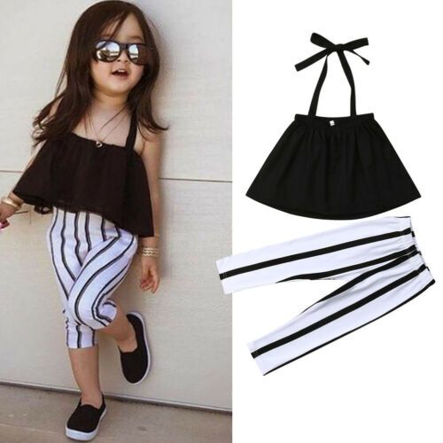 2019 Summer Girls Sets Ropa para niños Fashion Girl Shirt Top negro + Pantalones a rayas Trajes 2019 Ropa para niños 2pcs
