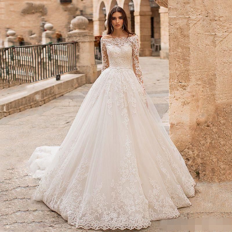 Compra Vestidos De Novia Modestos De Encaje Completo 2020 Elegante Fuera  Del Hombro Mangas Largas Barrer El Tren Jardín Vestidos De Novia Botones  Cubiertos Vestidos De Novia Barato | Entrega Rápida Y