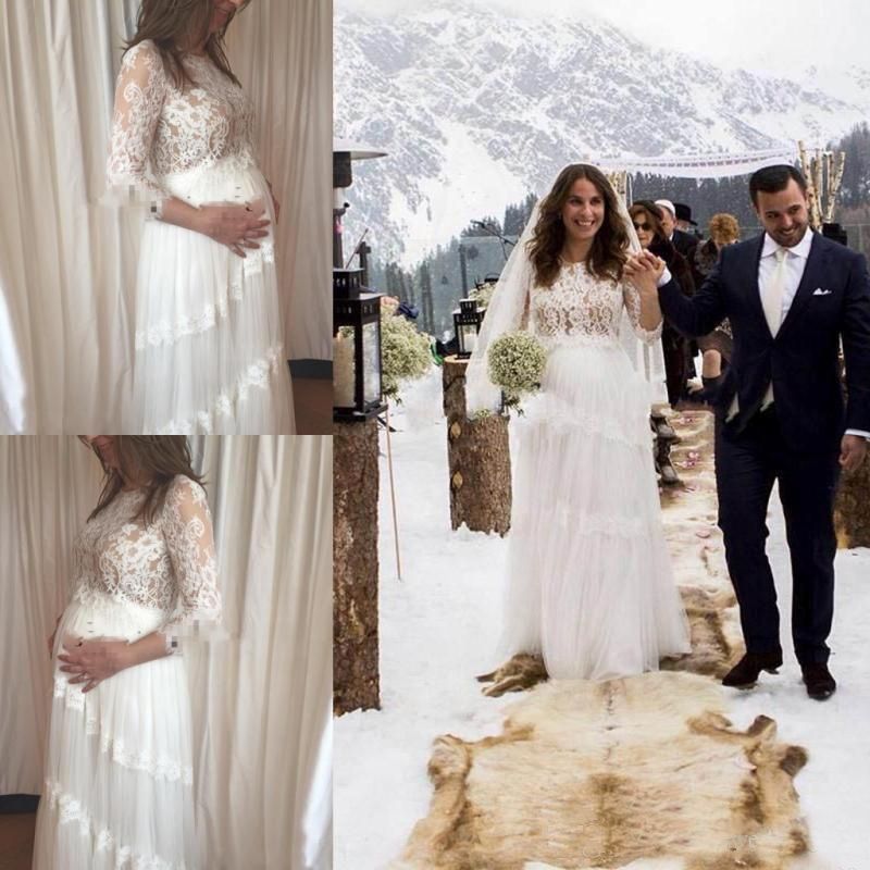Discount 3 4 Long Sleeve Pregnant Wedding Dresses 2020 Lace