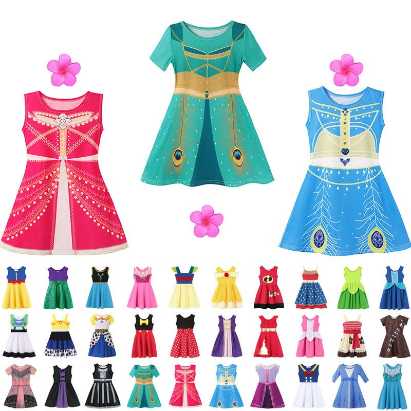 37 style Little Girls Princess Summer Cartoon Children Kids princess dresses Casual Clothes Kid Trip Frocks Party Costume free ship