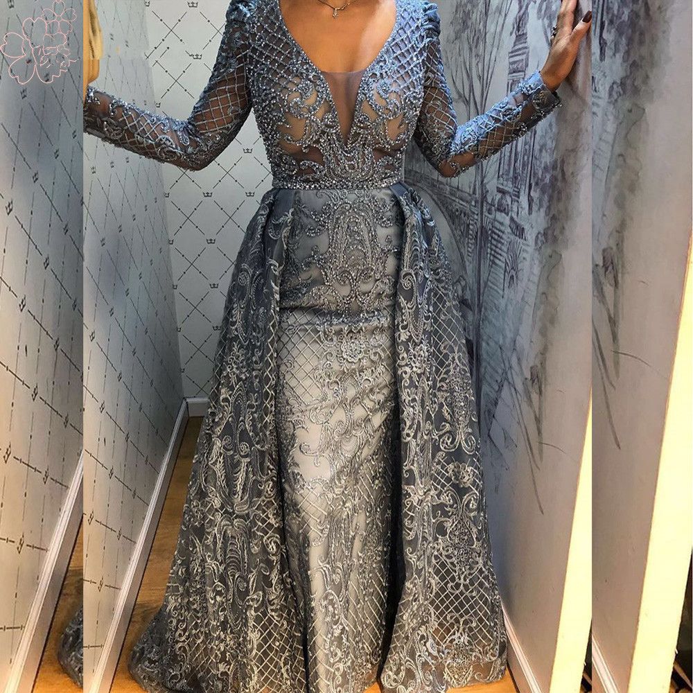 Luxury Dubai Arabic Full Lace Long Sleeves Mermaid Evening Dress 2020 V Neck Crystal Beaded