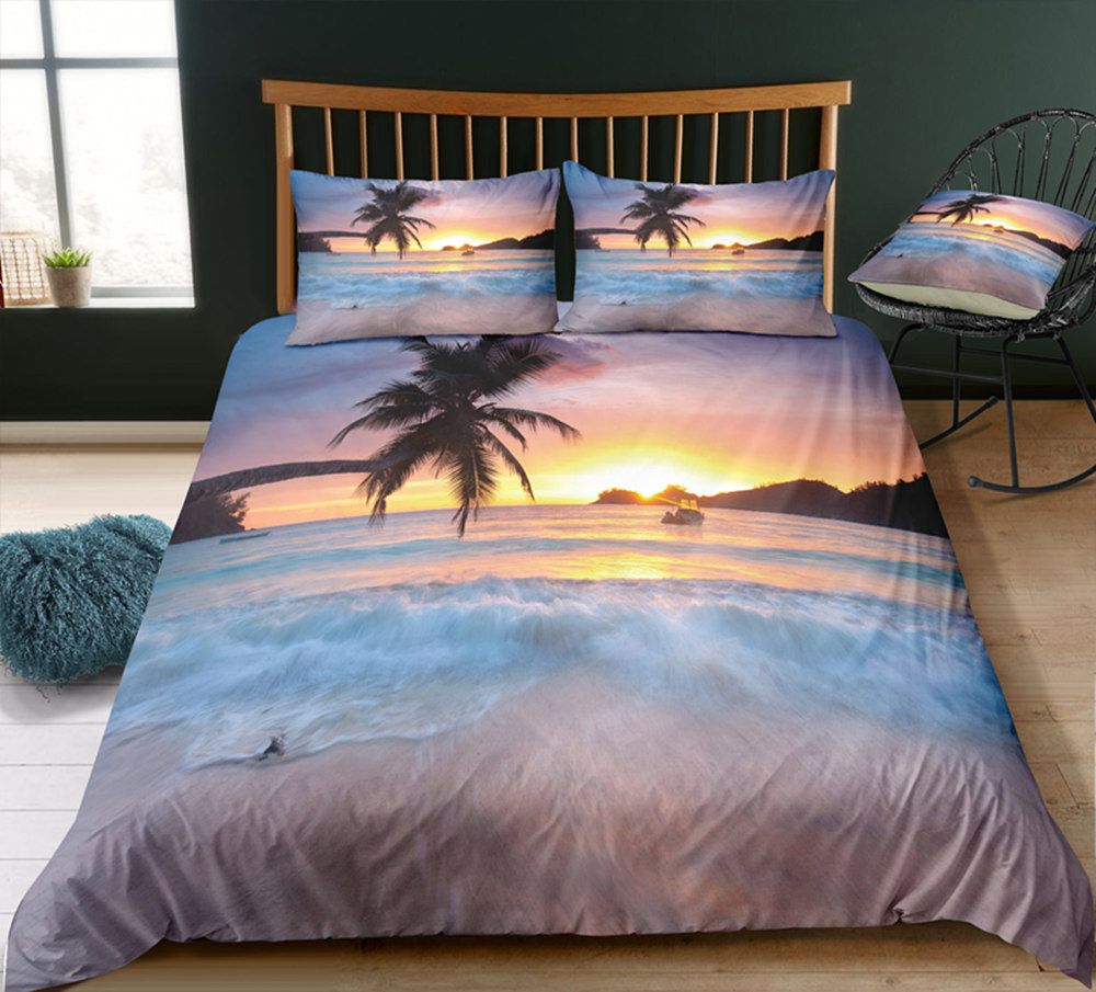 Dusk Seaside Bedding Set Queen Size Romantic Duvet Cover Coconut