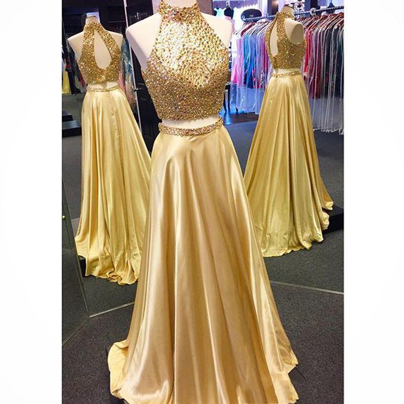 Compra Vestido Dorado De Dos Piezas Para Niñas, Dos Piezas, Una Línea,  Vestido Largo De Cuello Alto, Con Abalorios, Espalda Sexy, Vestidos De  Fiesta Vestido De Fiesta Barato | Entrega Rápida Y
