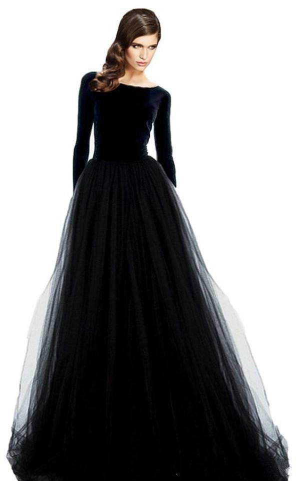 2019 Sexy Long Sleeve Evening Gowns Velvet Dresses Black Prom Party Dress Bateau Neck Open Back Tulle Skirt Floor Length Formal Wear Sleeve Designer