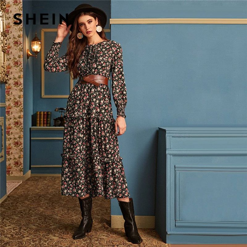 Acquista Shein Ditsy Stampa Floreale Con Volant Trim Vestito Svasato Senza Cinghia Di Autunno Delle Donne Manica Lunga Vita Alta Elegante Signore Vestiti Lunghi A 18 37 Dal Ceciliasa It Dhgate Com
