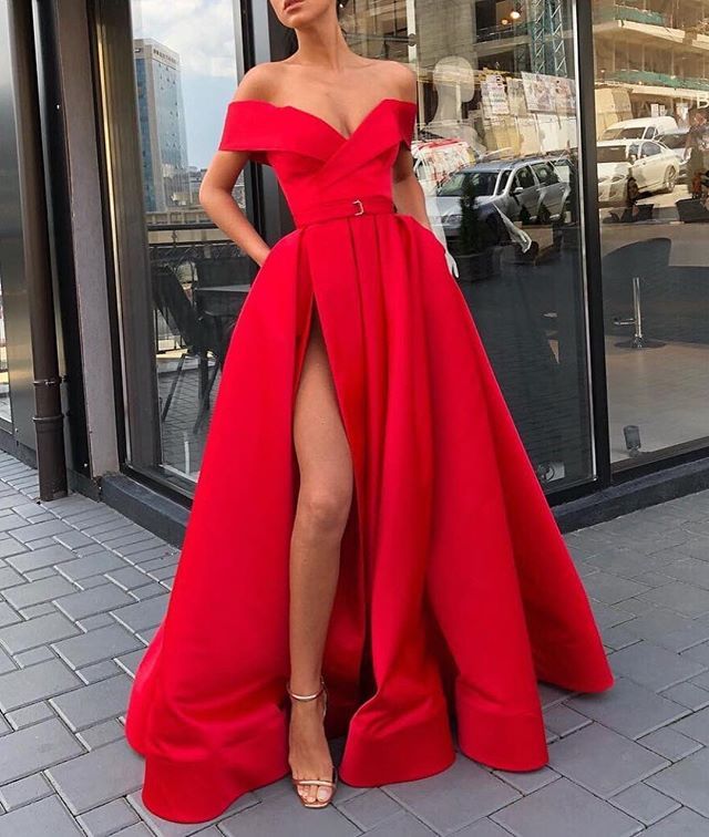 Ponte de pie en su lugar Indefinido enchufe Sexy Off Shoulder High Slit Satin Prom Dresses 2019 Nuevos vestidos largos  de noche rojos Más