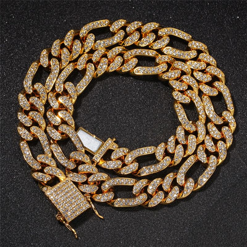 18K Gold Plated Figaro Cuban Chain Iced Out Full Rhinestone 