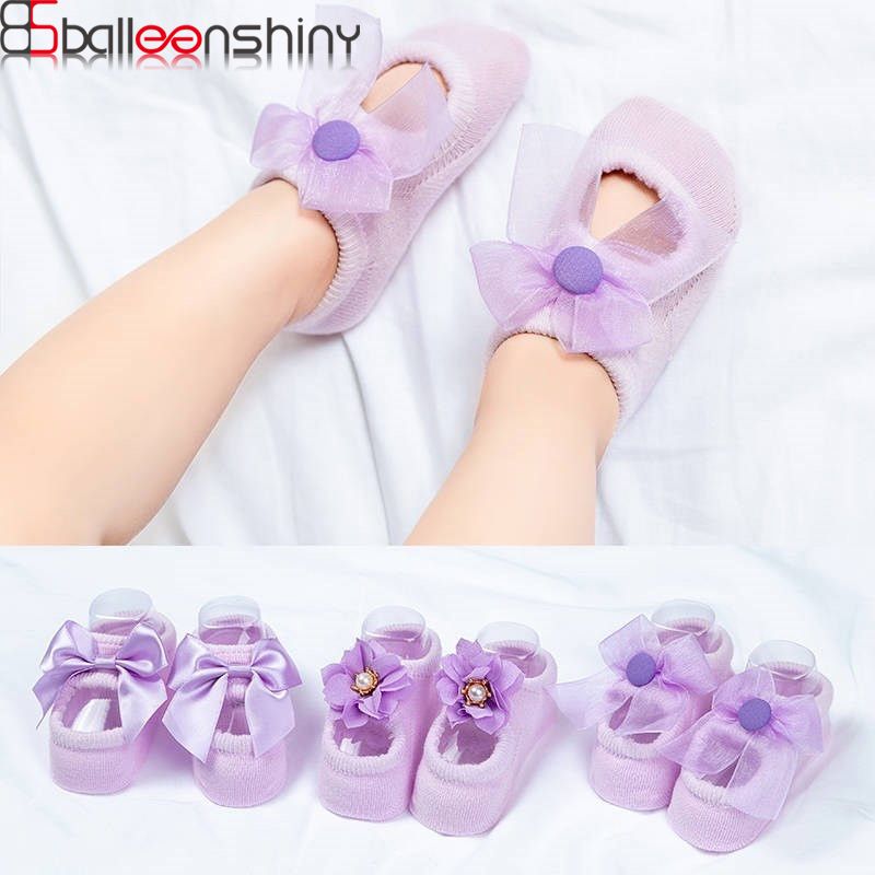3 Pairs Cotton Baby Toddler Newborn Girls Anti Slip Lace Flower Bownot Floor Socks