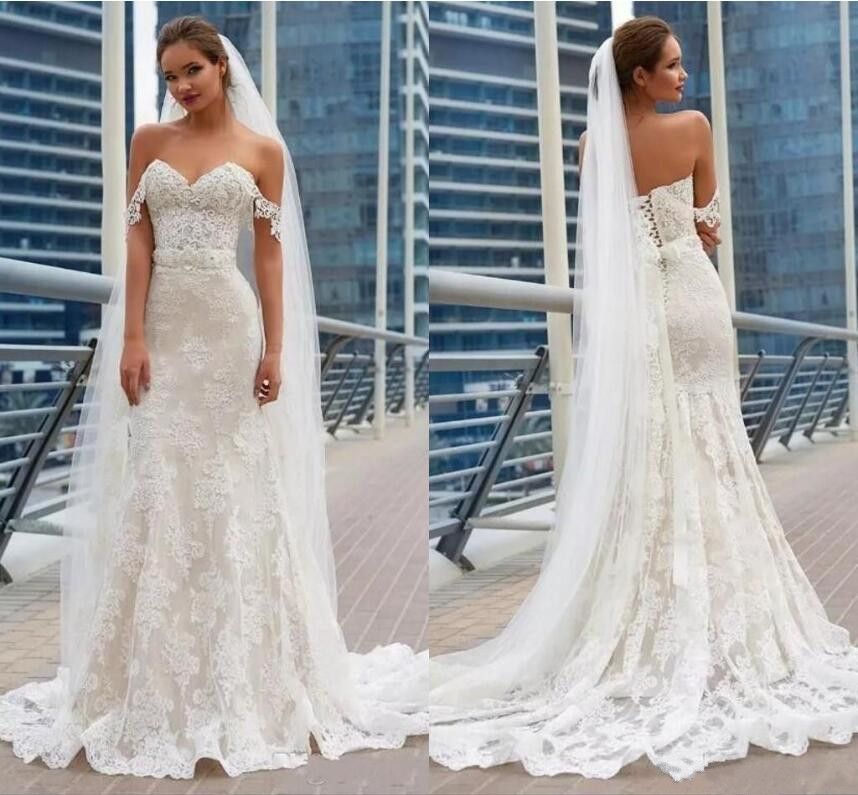 off the shoulder lace mermaid wedding dress