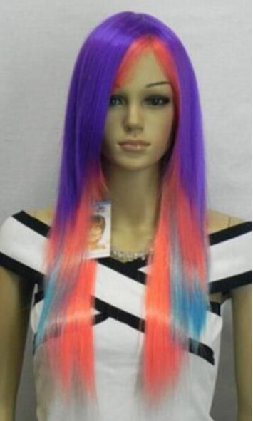 New Long Straight Purple Red Blue Mixed Cosplay Full Wig Styling