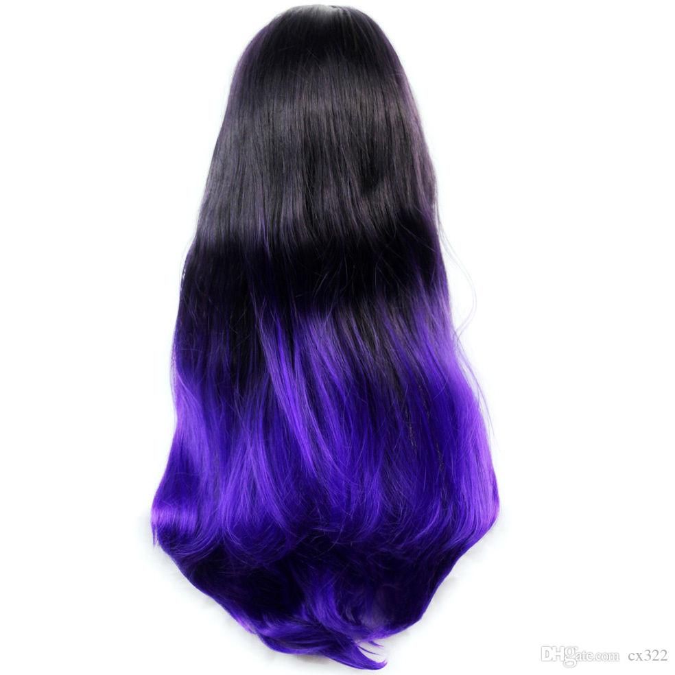 Amazing Black Brown Purple Long Wavy Lady Wig Dip Dye Ombre Hair