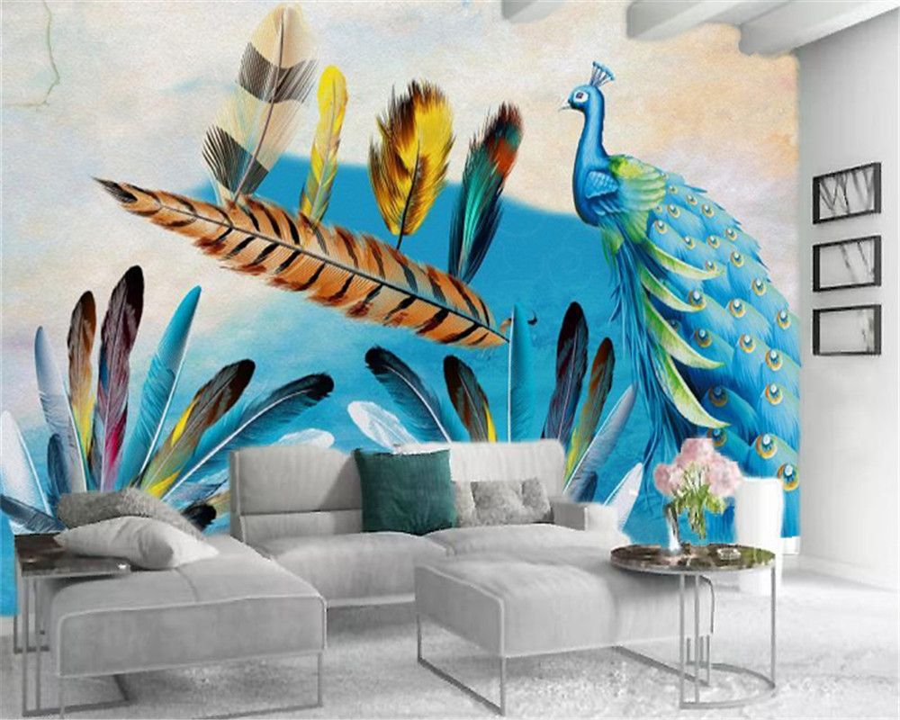 Compra Decoracion Del Papel Pintado 3d Hermosa Pluma Azul Del Pavo Real De La Sala Dormitorio Fondo De La Pared De La Decoracion Mural Del Papel Pintado Barato Entrega Rapida Y