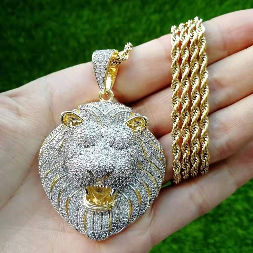 Iced Out Lion Head Pendant Necklaces 