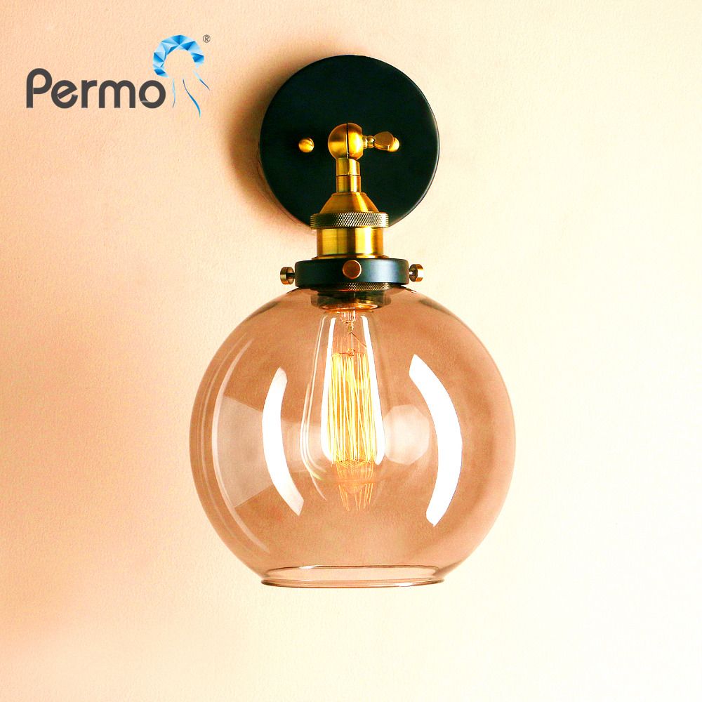 2020 Permo Vintage Antique Amber Glass Wall Lamp Modern Hall Brass