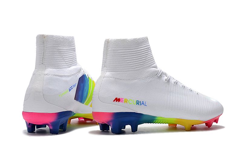 white and rainbow football boots