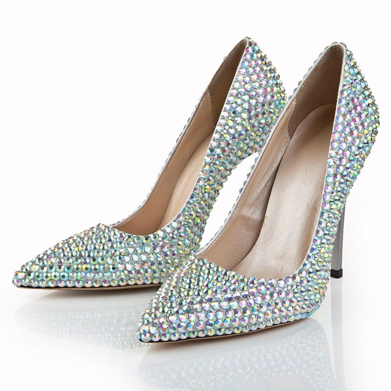 Multi Color Rhinestone Crystal Pointed Toe Formal Evening Party Shoes ...