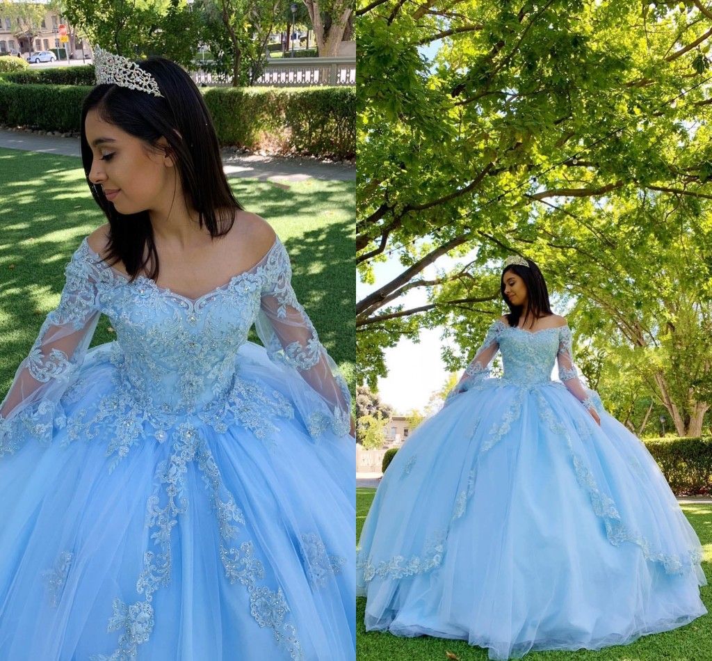 2022 Vintage luz cielo azul bola vestido quinceañera vestidos de fiesta fuera del hombro encaje apliques 2022 Vintage luz cielo azul bola vestido quinceañera vestidos de fiesta fuera del hombro encaje apliques