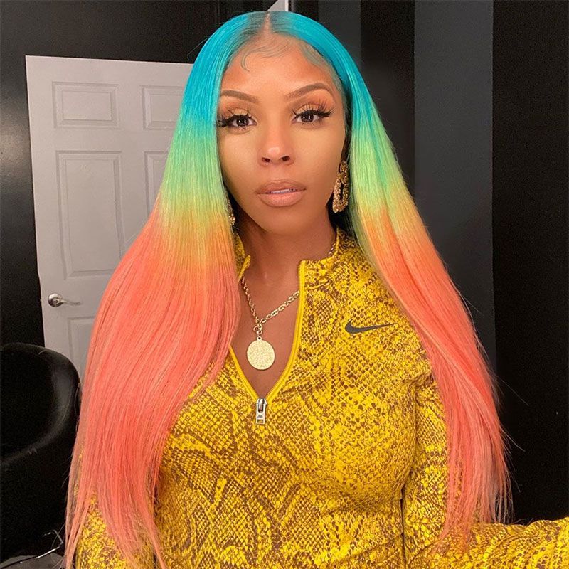 Rainbow Straight Colored Lace Front Wigs Human Hair Ombre Blue