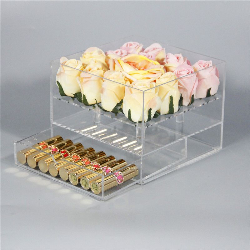 Square Clear Acrylic Fresh Flower Storage Boxes 16 Holes Rose Gift Box