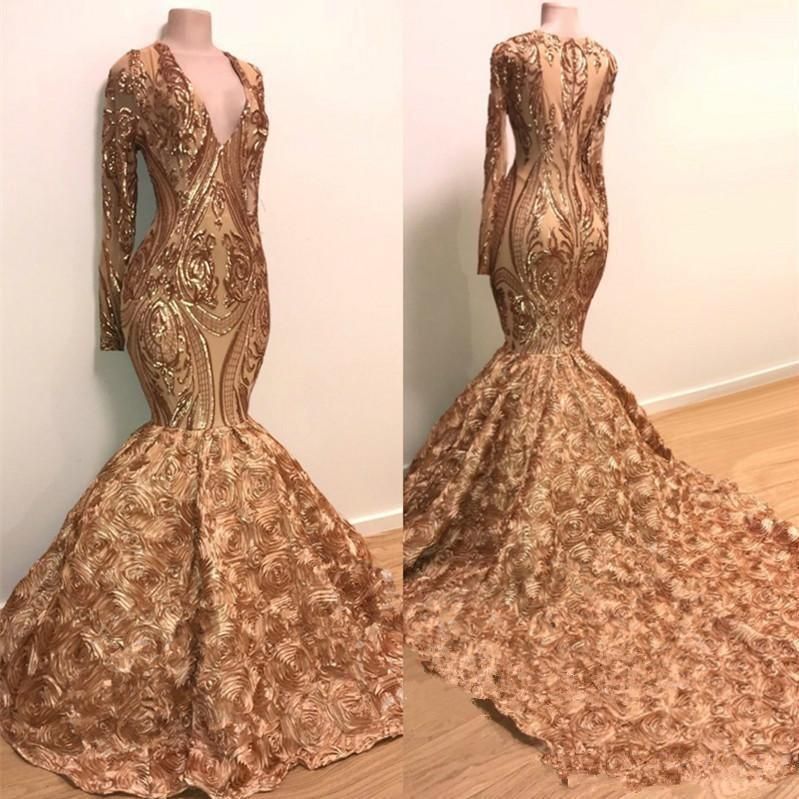 Sparkly Gold Mermaid Prom Dresses 2020 Long Sleeves V Neck 3d Rose