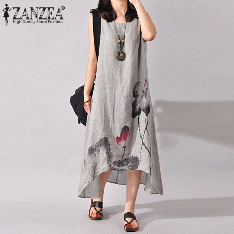 ZANZEA Womens Cotton Line Summer Party Evening Dress Round Neck Dress Plus Size