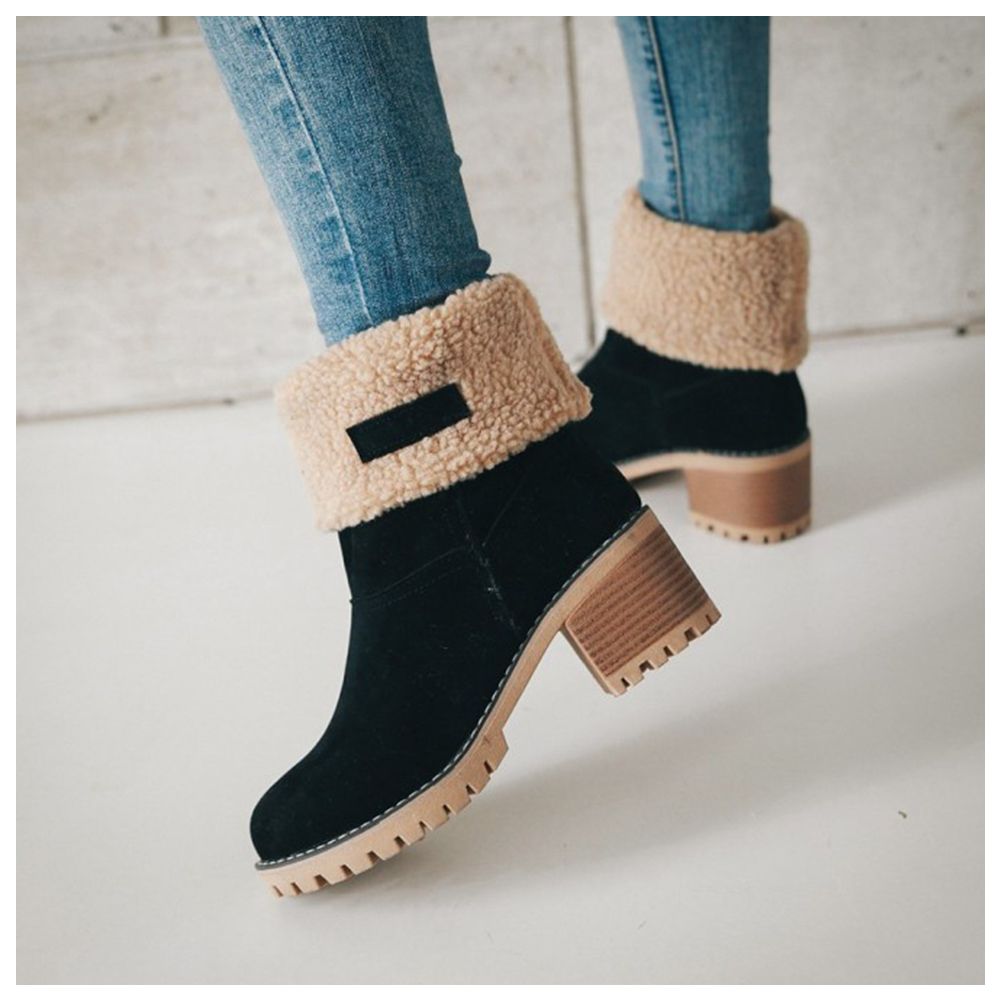 Women cute warm short boots suede chunky mid heel round toe winter snow ankle booties Clearance
