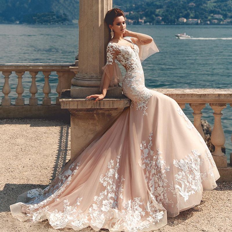 peach mermaid wedding dress