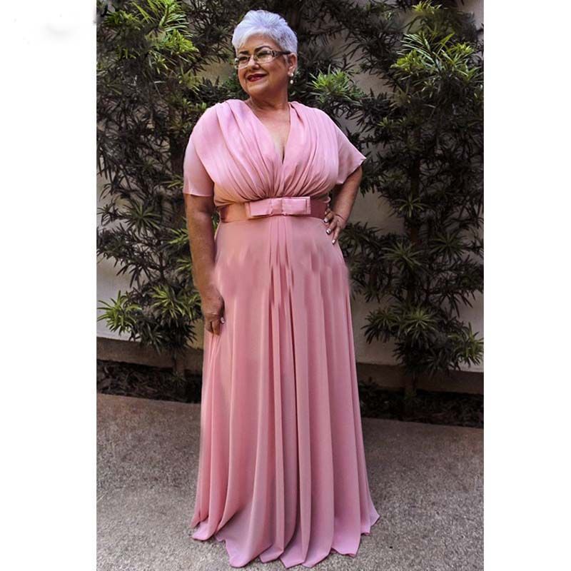 Cheap Pink Half Sleeve Mother Of The Bride Dresses V Neck Tiered